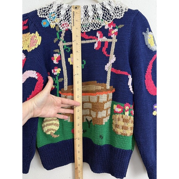 Berek Hand Knit Sweater Sz Petite Lace Collar Vtg 80s Wishing Well Flowers Cat - Picture 11 of 11